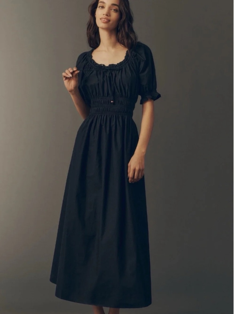 Anthropologie Exquise Smocked Puff Sleeve Midi Dress in Solid Black 100% Cotton